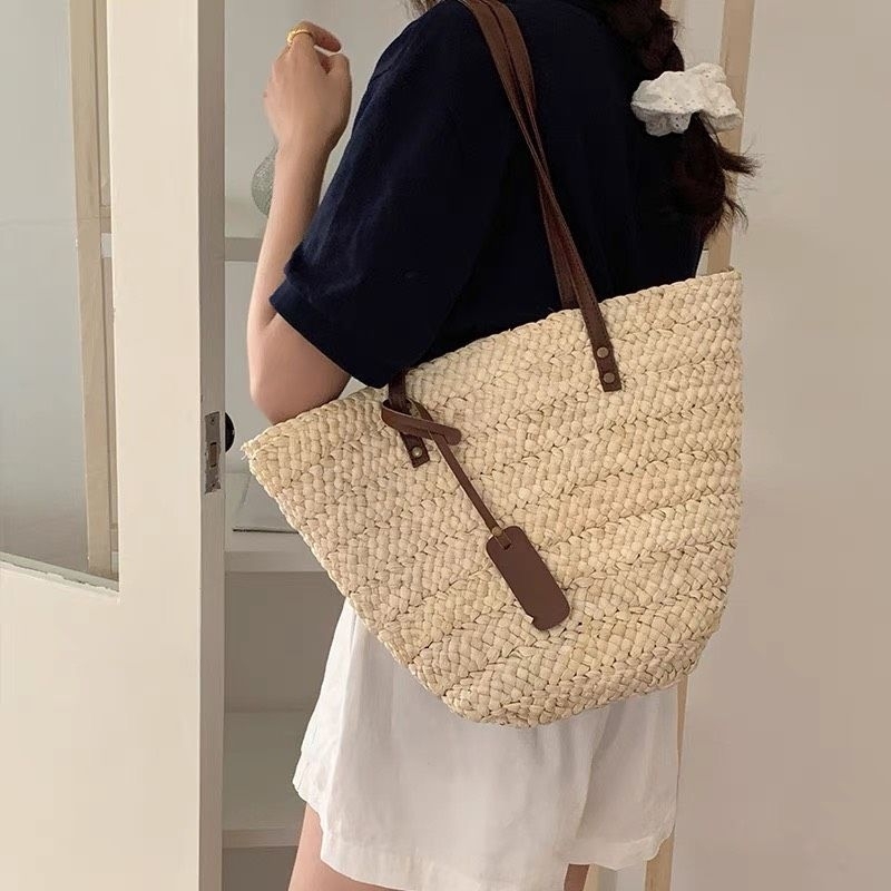 Túi xách cói to quai da HuAh Korea Classic full tag dày dặn ulzzang Hàn Quốc - Phụ kiện thời trang đi biển, du lịch QC