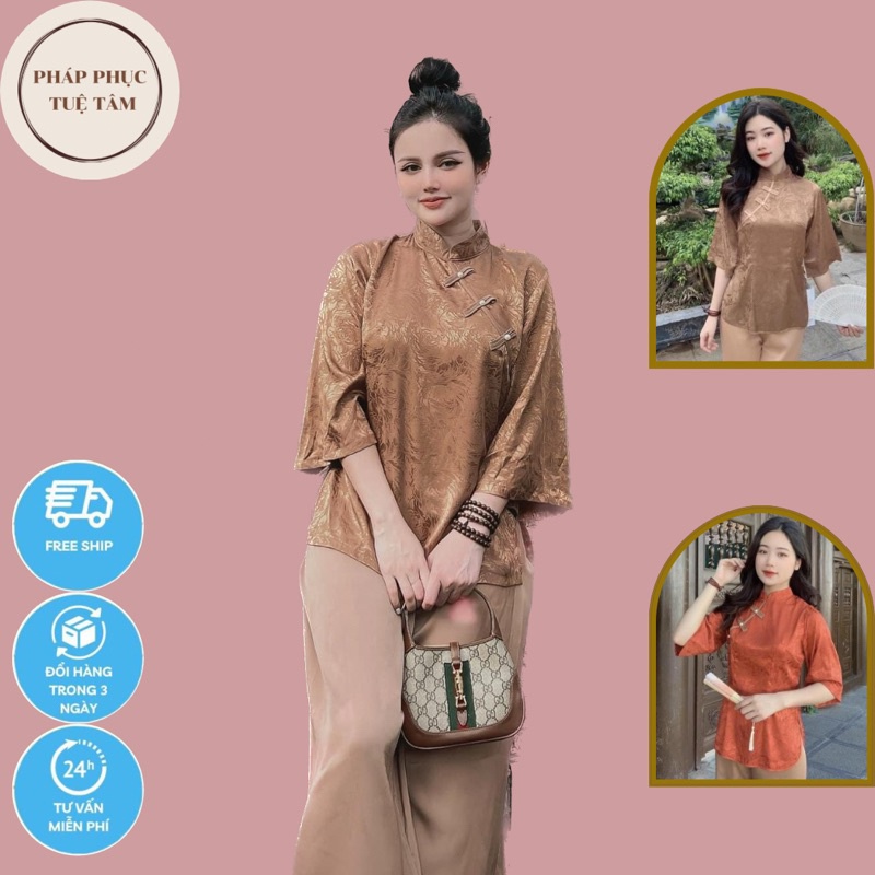 Đồ Lam Đi Chùa Nữ , Quần Áo đi Lễ Chùa - Lụa Cao Cấp Mềm Mịn Lụa Trơn - Thiết Kế Cách Tân Cổ Tàu Cúc Chéo Đính Ngọc