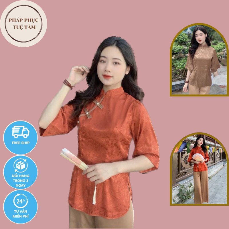 Đồ Lam Đi Chùa Nữ , Quần Áo Đi Lễ Chùa - Bộ Đi Lễ Chùa Lụa Cao Cấp - Đồ Lam Cổ Tàu Cúc Ngọc Chéo Tay Lưng Lụa Mát