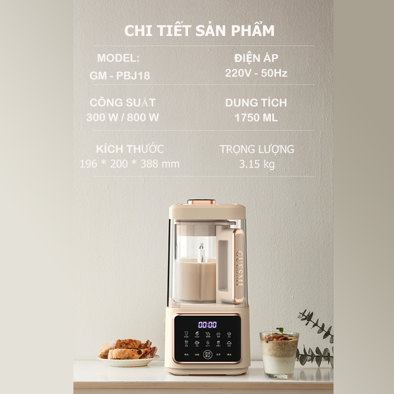 Máy xay sữa hạt chống ồn Guesmi cao cấp - Máy xay nấu đa năng làm sữa hạt, nấu cháo, súp - máy làm sữa hạt