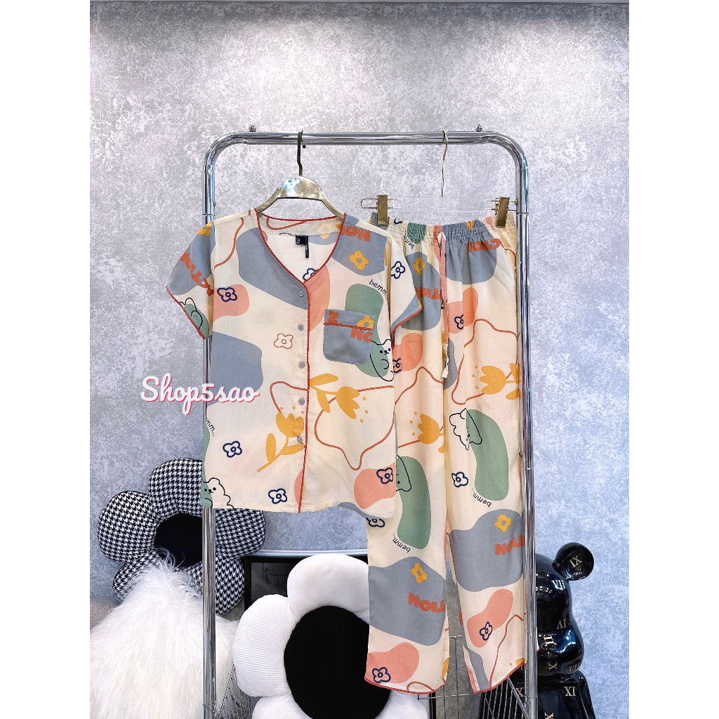 Đồ bộ tole lanh nữ mặc nhà quần dài, áo tay ngắn cài nút, viền màu F21 VNXK SHOP5SAO (43-75kg)