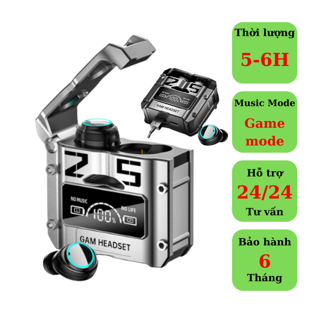 Tai nghe TWS Gaming M25 Độ trễ thấp Pin Trâu 5 Tiếng Chống Ồn chủ động ENC Kiêm Sạc dự phòng âm thanh Bass căng