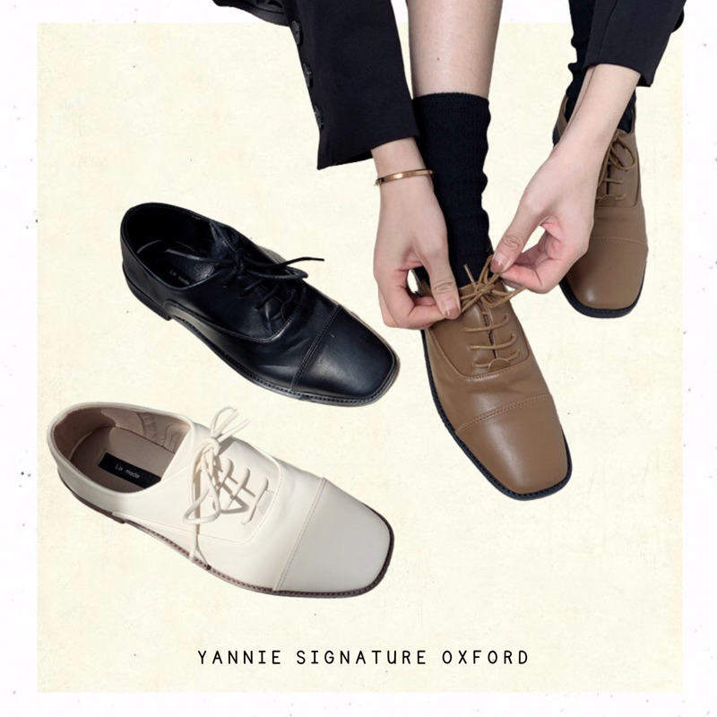 (Sẵn đen 36) Giày oxford buộc dây mũi vuông da lì mềm đen nâu kem vintage dễ phối đồ Hàn Quốc Yannie Lolita