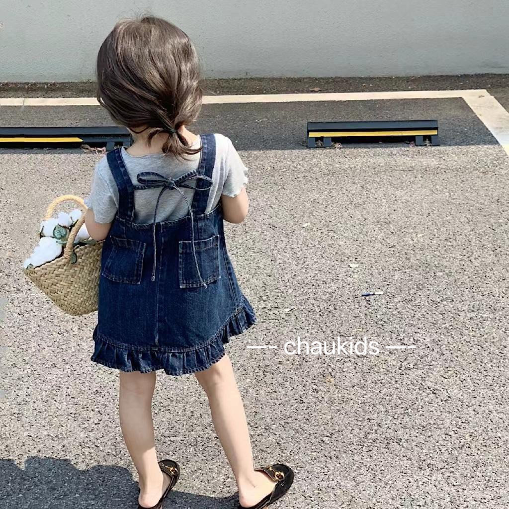 Yếm Jean Bé Gái, Set Yếm 2 Chi Tiết Cho Bé Gái, Set Yếm Bò Xanh Kèm Áo Trắng Cotton Cộc Tay, Yếm Bé Gái S02001