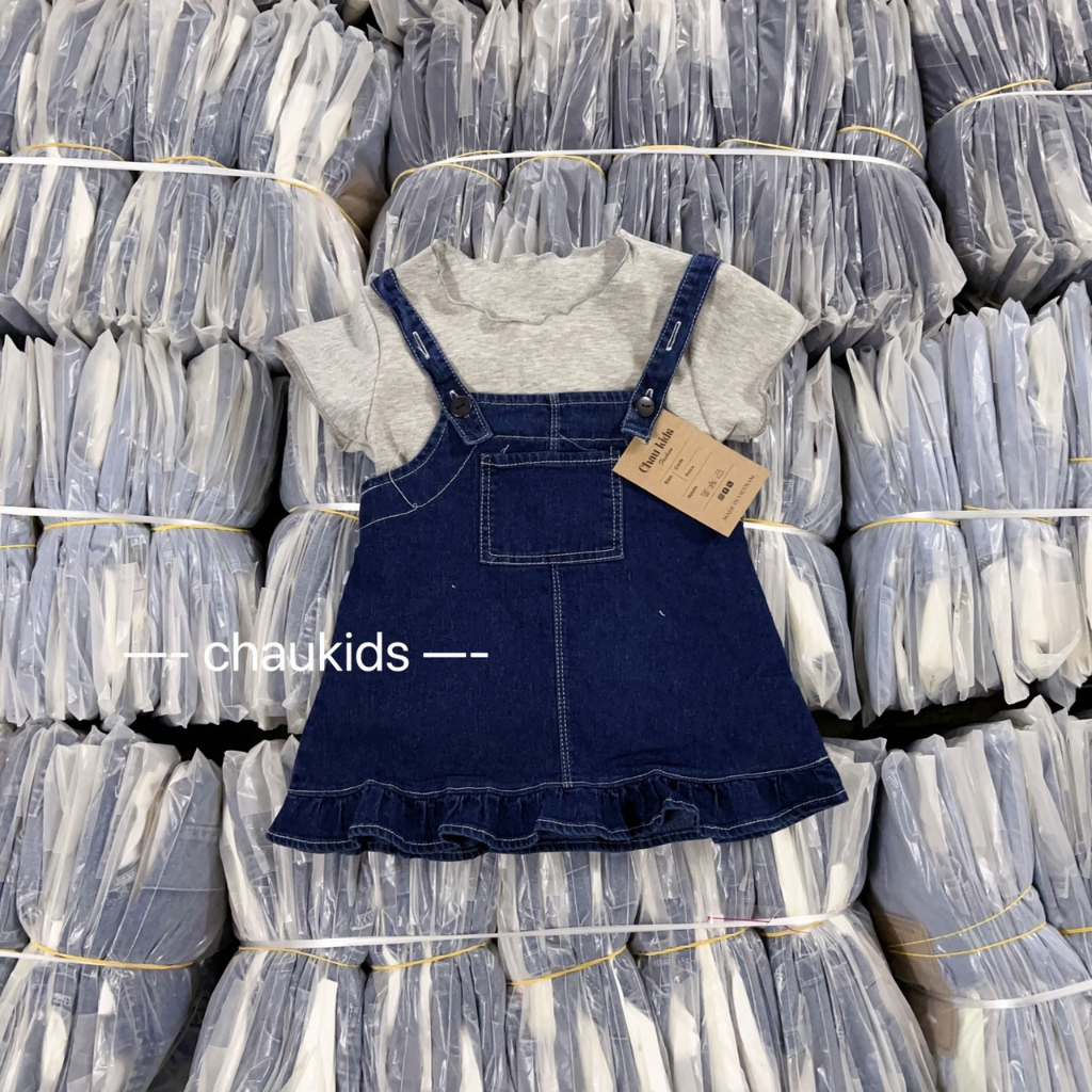 Yếm Jean Bé Gái, Set Yếm 2 Chi Tiết Cho Bé Gái, Set Yếm Bò Xanh Kèm Áo Trắng Cotton Cộc Tay, Yếm Bé Gái S02001