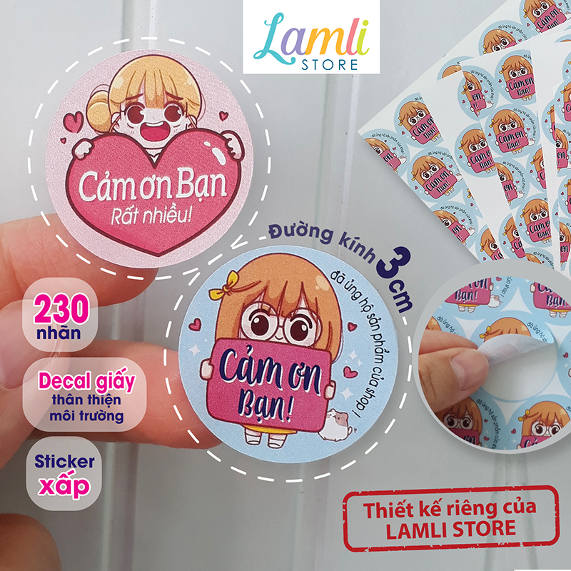 230 Nhãn dán CẢM ƠN, Sticker Thank you TIẾNG VIỆT hình n.vật hoạt hình dễ thương t.trí gói hàng/quà | Decal giấy đk 3cm