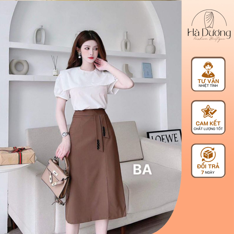 Chân váy chữ A dáng dài, Váy xòe công sở vạt đính cúc - Hà Dương Shop