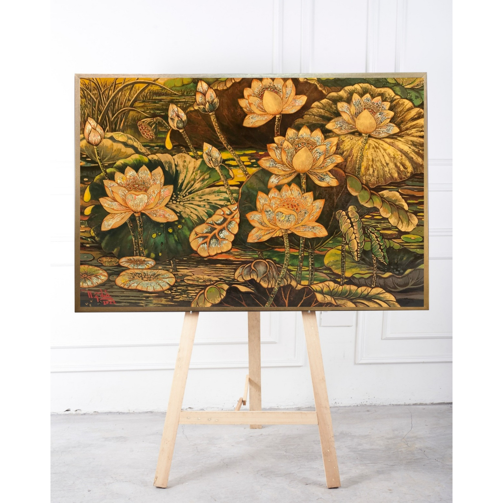 Tranh canvas treo tường hoa sen mẫu indochine sang trọng