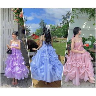 Đầm maxi voan tơ kiếng phồng 2S kết nơ siêu xinh cho nàng thơ, Váy thiết kế kiểu công chúa đi biển tiệc sinh nhật T782