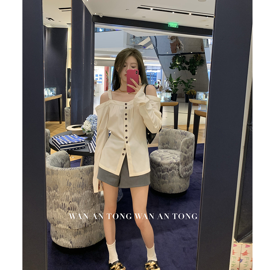 Áo sơ mi thô lụa trễ vai 2 dây phong cách vintage Hàn Quốc mẫu mới