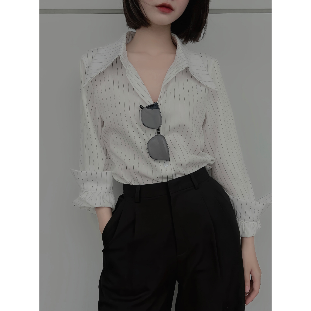 Áo Sơ Mi Nữ Trắng Kẻ Sọc Chống Nhăn, Áo Sơ Mi Công Sở Dài Tay Chất Cotton Thoáng Mát, Thấm Hút Mồ Hôi | BigBuy360 - bigbuy360.vn