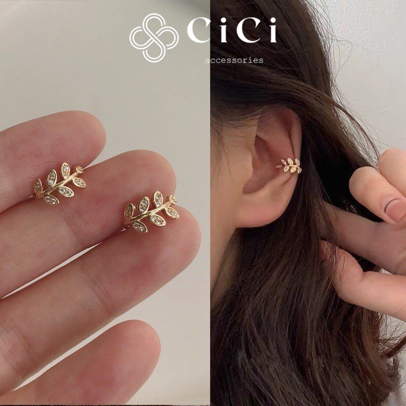 (Một chiếc) Khuyên kẹp vành tai nữ dáng chiếc lá mạ vàng 18K đính đá CiCi Accessories phụ kiện trang sức cá tính - BT72