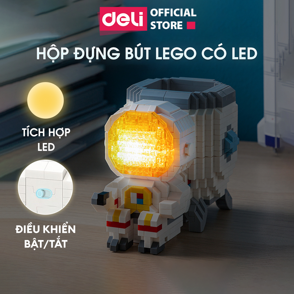 Hộp Bút Lego Phi Hành Gia Deli Có Đèn LED Cho Bé - Bộ Đồ Chơi Phi Hành Gia Tự Lắp Ghép Trang Trí Bàn