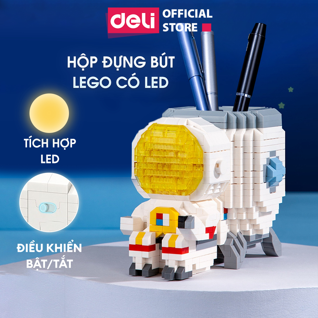 Mô Hinh Lắp Ráp Lego Phi Hành Gia Deli Có Đèn LED Cho Bé - Hộp Đựng Bút Phi Hành Gia Tự Lắp Ghép Có Đèn LED