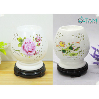 [TẶNG BÓNG ĐÈN] Đèn xông tinh dầu gốm trắng mai cao in họa tiết [Tặng bóng đèn] DXTDD-GOM-MCIHT