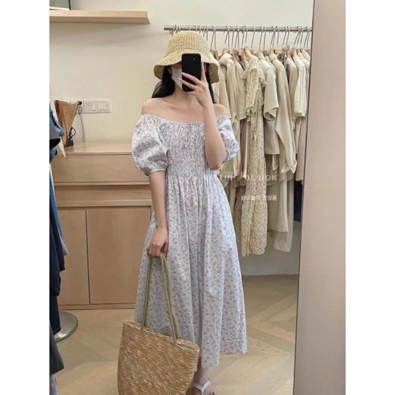 Váy hoa nhí xòe dài trễ vai đi biển HuAh chun ngực tay bồng vintage tiểu thư Hàn Quốc - Ảnh thật Yena Closet