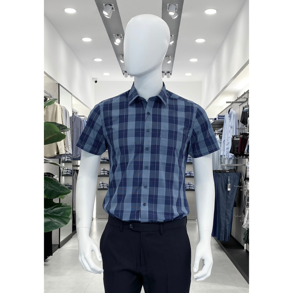 OWEN - Áo Sơ mi ngắn tay Owen vạt ngang chất bạc hà kẻ ca rô xanh navy 230115