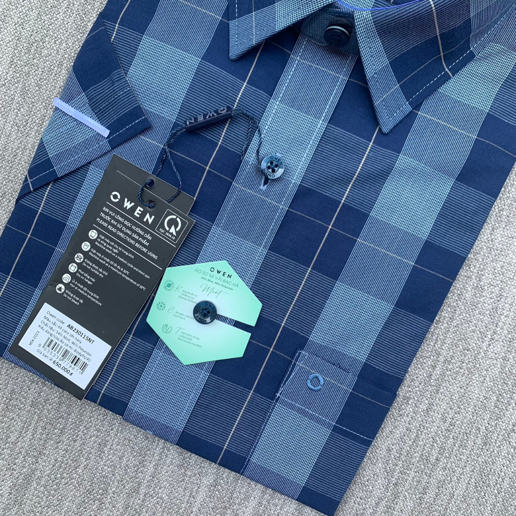 OWEN - Áo Sơ mi ngắn tay Owen vạt ngang chất bạc hà kẻ ca rô xanh navy 230115
