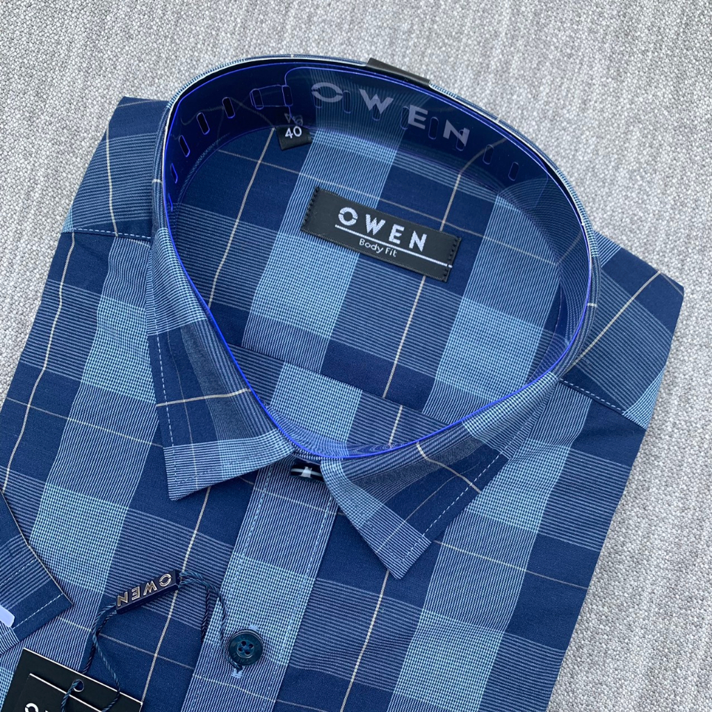 OWEN - Áo Sơ mi ngắn tay Owen vạt ngang chất bạc hà kẻ ca rô xanh navy 230115