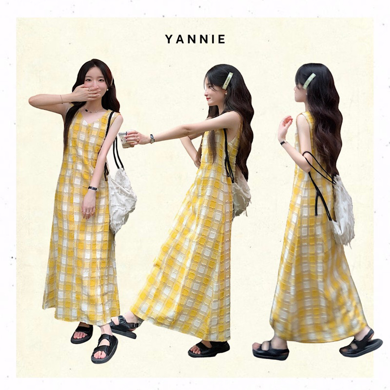 Váy đầm maxi ba lỗ dáng suông dài kẻ caro vàng trắng tanktop đi biển mùa hè Yannie 1688 taobao tmall Order