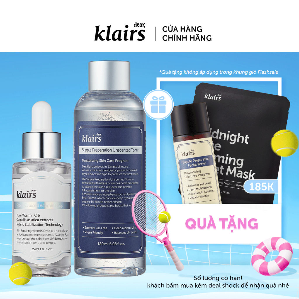 Combo Dear Klairs Freshly Juiced Vitamin Drop + Supple Preparation Unscented Toner 180ml