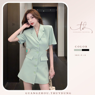 Đầm vest nữ cổ V công sở váy nữ chữ A hở lưng 5 cúc chất crep cao cấp thanh lịch Guangzhou.Thuydung
