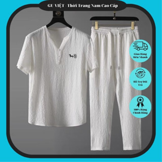 Bộ Đũi Nam Gu Việt Thời Trang Người Việt - Đồ Bộ Nam, Nữ Màu Trắng Quần Dài Bụng Thun, Áo Cộc Tay Mát Mẻ Lịch Sự