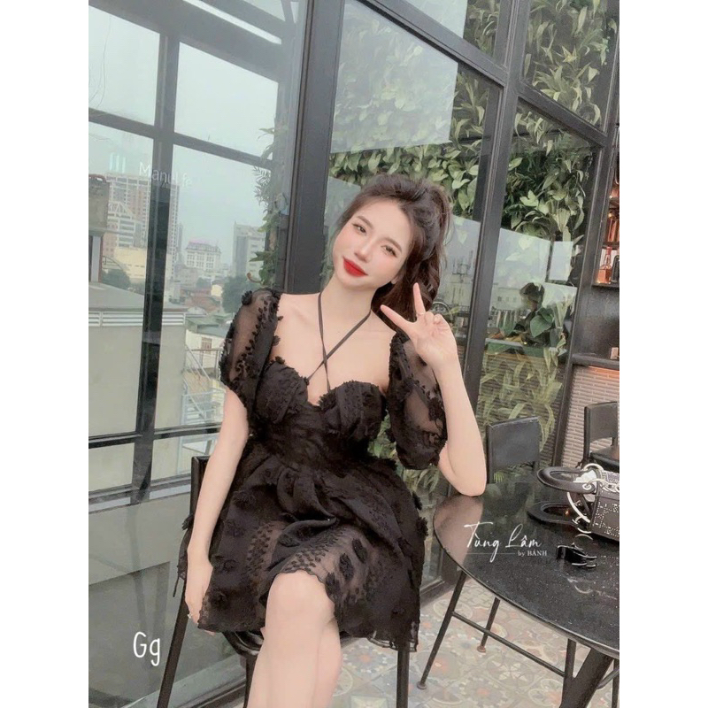 Đầm bẹc vai tay phồng chéo cổ siêu xinh