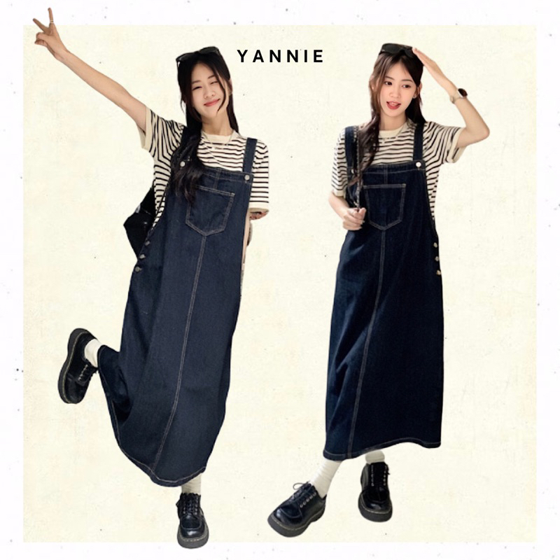 Váy đầm yếm jeans denim xanh đậm dáng dài + áo dệt kim kẻ ngang đen trắng basic ulzzang Hàn Quốc Yannie