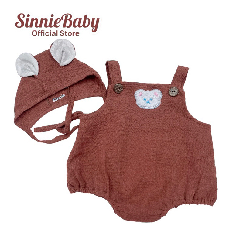 Bộ bodysuite dạng yếm Sinnie, vải xô muslin sợi tre siêu thoáng mát, mũ gấu buộc dây cho bé