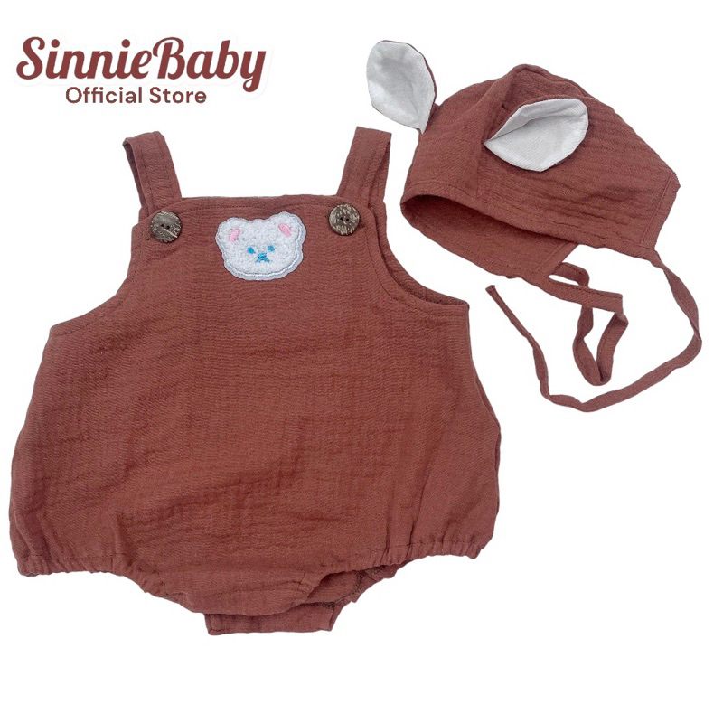 Bộ bodysuite dạng yếm Sinnie, vải xô muslin sợi tre siêu thoáng mát, mũ gấu buộc dây cho bé