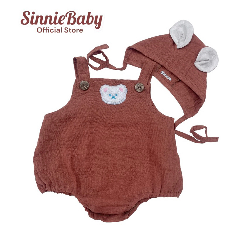 Bộ bodysuite dạng yếm Sinnie, vải xô muslin sợi tre siêu thoáng mát, mũ gấu buộc dây cho bé