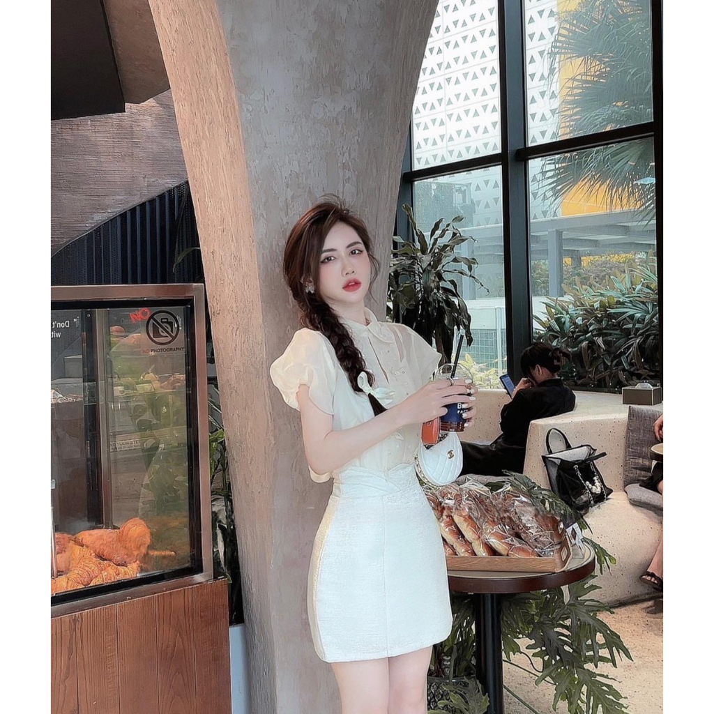 Set Áo tơ thêu bướm, chân váy tafta chữ A