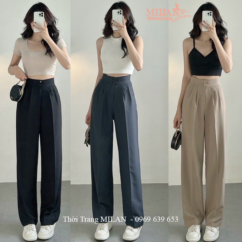 Quần ống rộng cạp cao 2 khuy khóa trước màu Đen Nâu - Quần ống suông dài lưng cao đi học biển công sở vải Vitex dày mềm