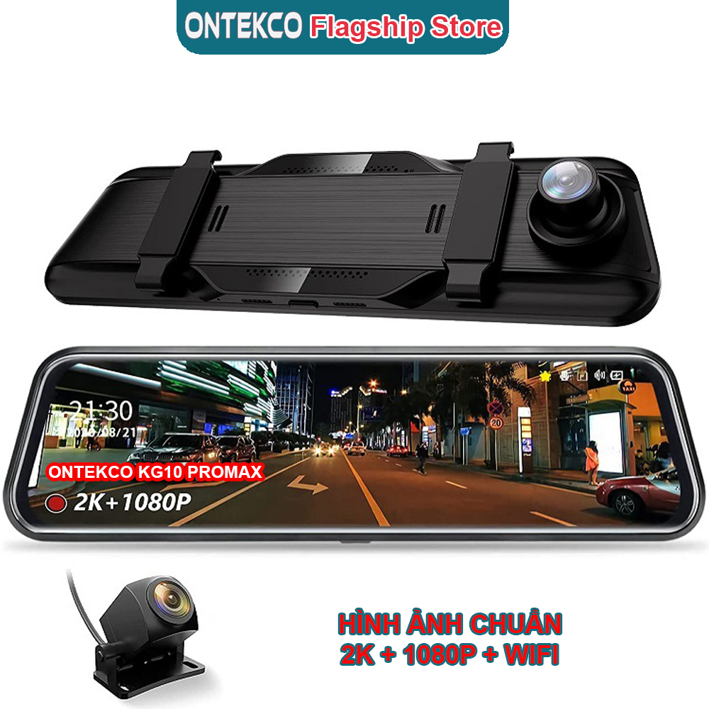 Camera hành trình ONTEKCO KG10 Promax 2K - wifi màn gương 10inh cảm ứng, xem video trên điện thoại+ Camera lùi 1080P