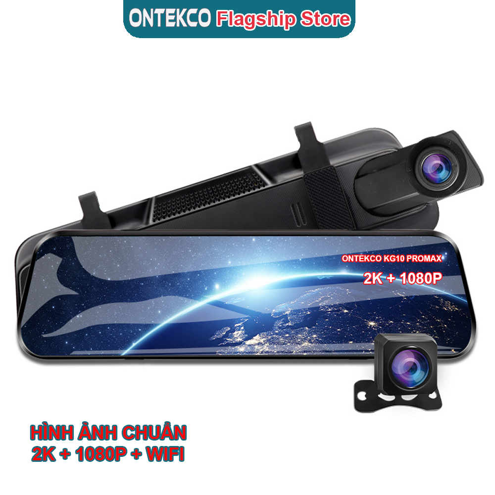 Camera hành trình ONTEKCO KG10 Promax 2K - wifi màn gương 10inh cảm ứng, xem video trên điện thoại+ Camera lùi 1080P