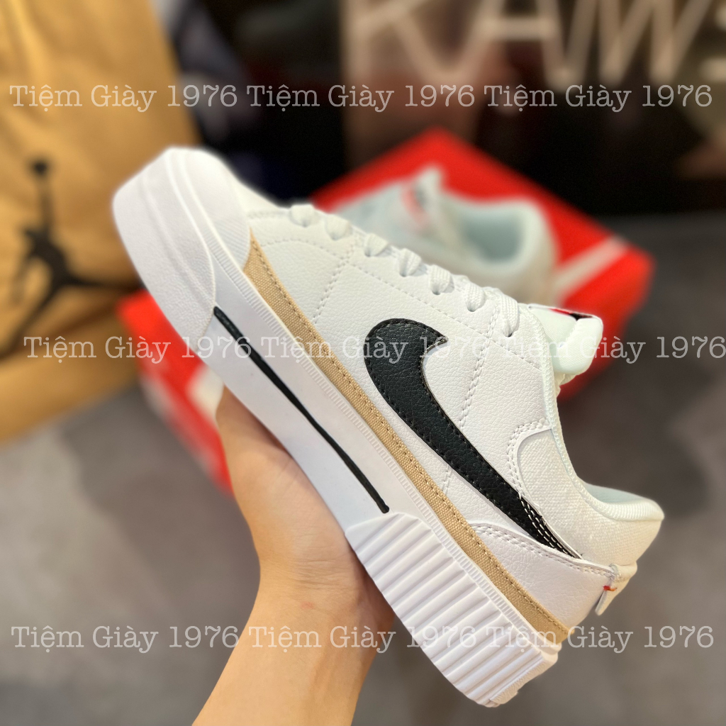 Giày Thể Thao Ni.ke Trắng Tăng Chiều Cao Viền Vàng Giày Court Legacy Lift Black White