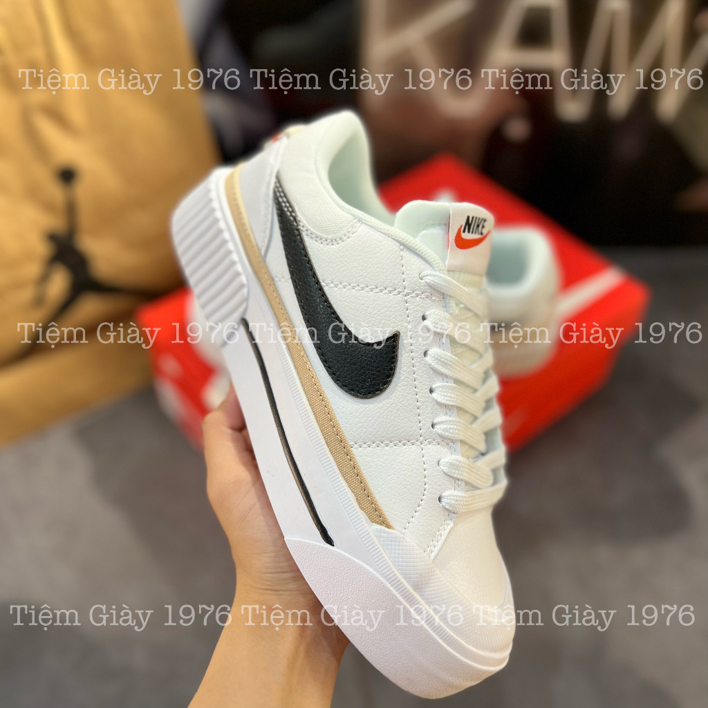 Giày Thể Thao Ni.ke Trắng Tăng Chiều Cao Viền Vàng Giày Court Legacy Lift Black White