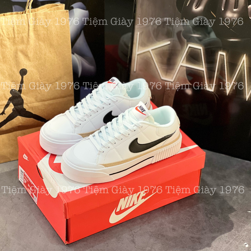 Giày Thể Thao Ni.ke Trắng Tăng Chiều Cao Viền Vàng Giày Court Legacy Lift Black White