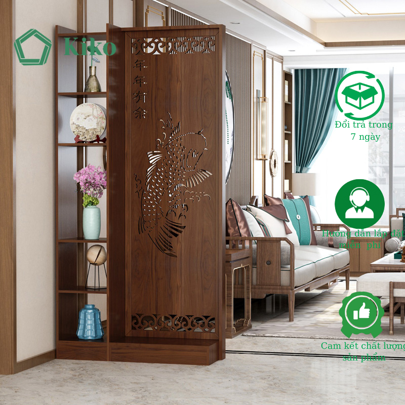 Bình Phong ,Vách Ngăn Họa Tiết Cá Chép Trang Trí Kèm Hộc Để Đồ -Gỗ MDF 15mm chống Mọt Đa Năng KIKO VN 1048