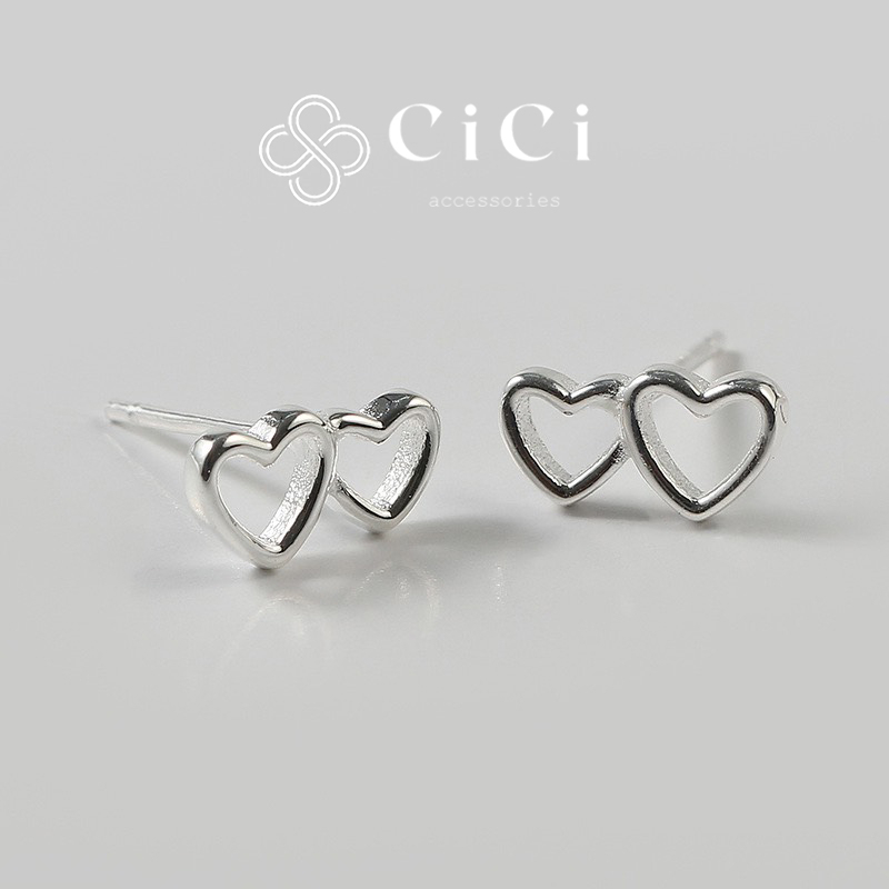 Bông tai nữ bạc 925 CiCi Accessories hình trái tim đôi phụ kiện trang sức nữ đơn giản - BT85