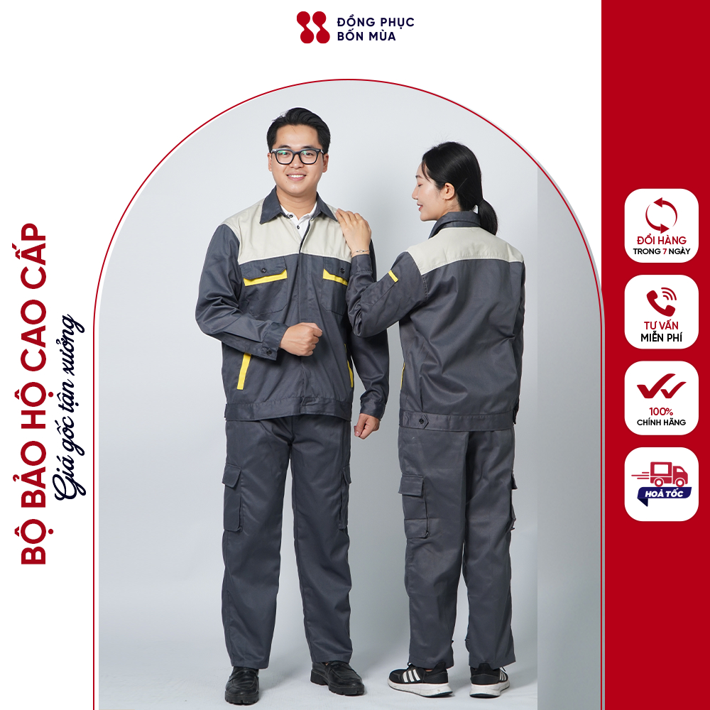 Quần Áo Bảo hộ lao động màu Be phối ghi đậm chất liệu kaki Bền đẹp thiết kệ ĐỒNG PHỤC BỐN MÙA  | 𝙄𝙣 𝙩𝙝𝙚̂𝙪 𝙡𝙤𝙜𝙤 𝙩𝙝𝙚𝙤 𝙮𝙚̂𝙪