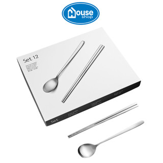 Bộ đũa thìa HOUSESHOP gồm 6 đôi đũa và 6 chiếc thìa tráng bạc, set đũa thìa chất liệu inox cao cấp chống gỉ