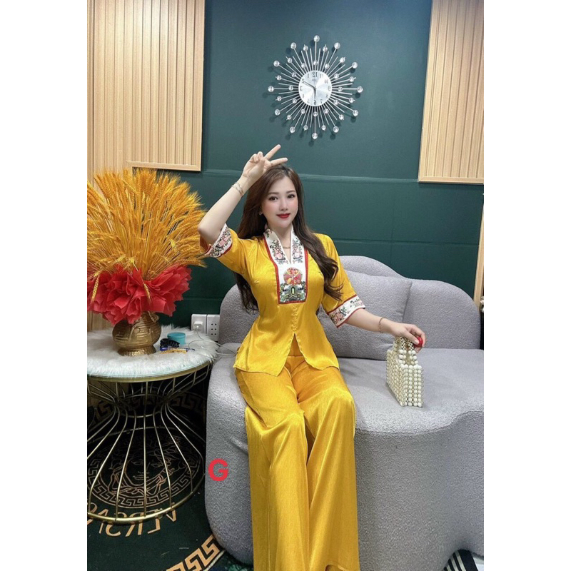 Sét bộ lam pháp phục tay lỡ viền hoa văn dễ thương - free size dưới 54kg