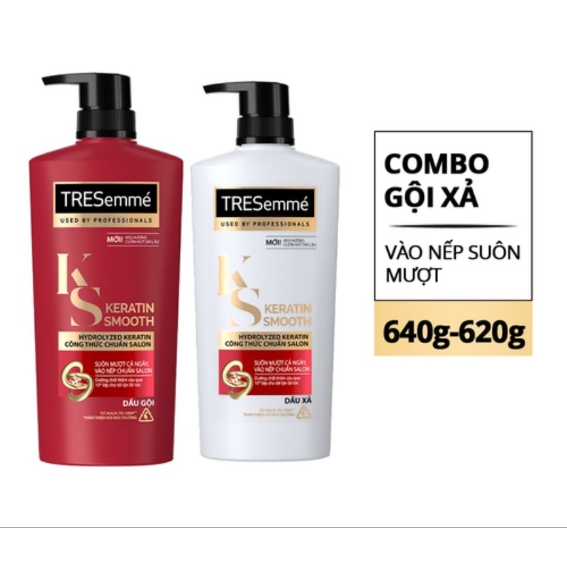 Combo dầu gội 640 + dầu xả 620 TRESEMME Keratin Smooth cho tóc vào nếp  suôn mượt