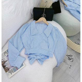 Croptop Sơ Mi Dài Kẻ Sọc Cột Sau