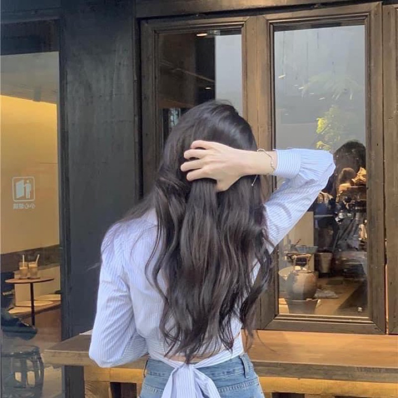 Croptop Sơ Mi Dài Kẻ Sọc Cột Sau