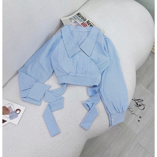 Croptop Sơ Mi Dài Kẻ Sọc Cột Sau