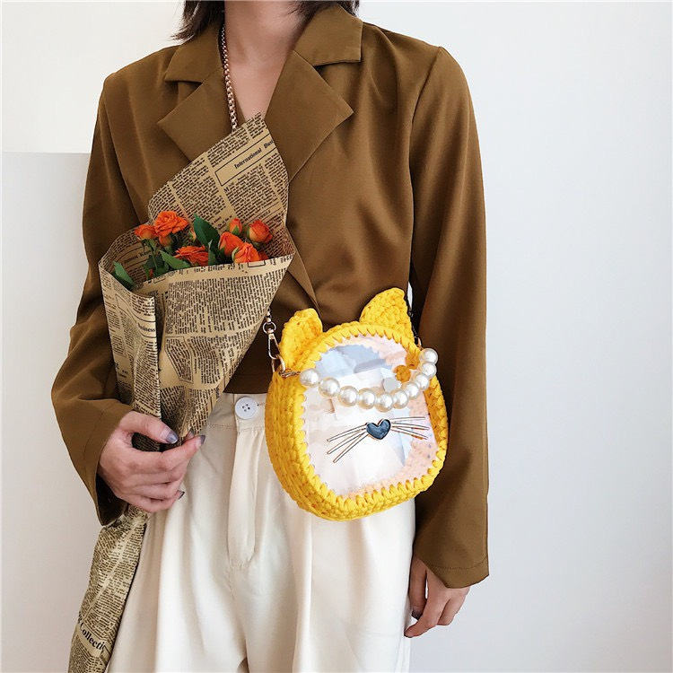 [Có Video Hướng Dẫn] Túi Len Handmade Trong Suốt Hình Mặt Mèo Cá Tính, Set Phụ Kiện Túi Tự Đan DIY Thời Trang - EB52