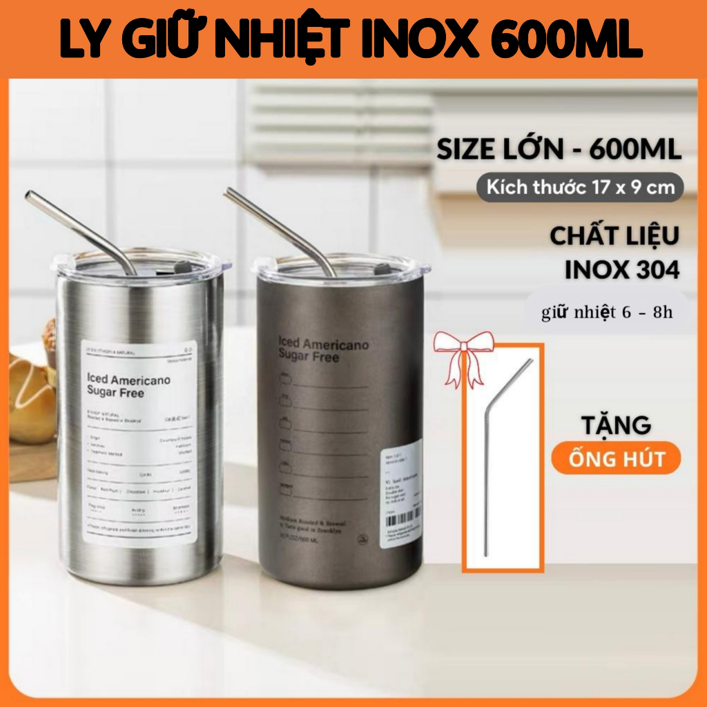 Ly Giữ Nhiệt Iced Americano Inox 304 Dung Tích 600ml Có Tặng Kèm Ống Hút, Ly Giữ Nhiệt 6-8 Tiếng Thiết Kế Sang Trọng